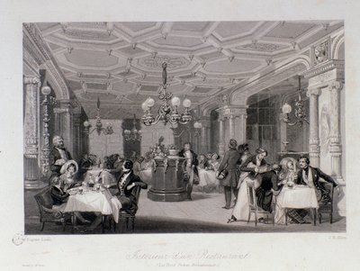 Ansicht des Inneren des Restaurants „Les trois frères provençaux“ in der Nähe des Palais Royal in Paris. Gravur von Eugene Louis Lami (1800-1890) 1843 Private Sammlung von Eugene Louis Lami