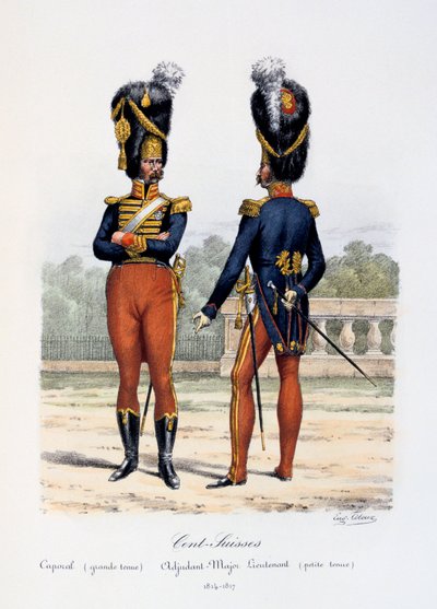 Cent-Suisses, desátník celé šaty, svlékání pobočníka-majora, 1814-17 od Eugene Titeux