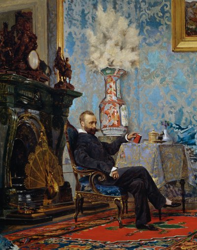 Peter Fabricci sedí v obývacím pokoji, detail z rodiny Fabricci, cca 1880, Eugene Scomparini (1845-1913), olej na plátně, 68x187 cm, Itálie od Eugenio Scomparini