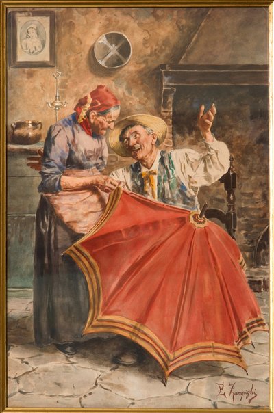 Interiér se dvěma osobami (akvarel) od Eugenio Zampighi