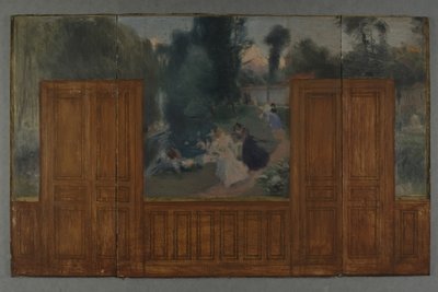 Skizze für das Rathaus von Créteil: Landschaft - Ufer der Marne vom Ile Sainte-Catherine Brücke gesehen von Eugène-Martial Simas