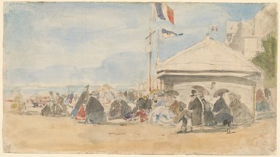Plážový dům s vlajkami v Trouville od Eugène Boudin