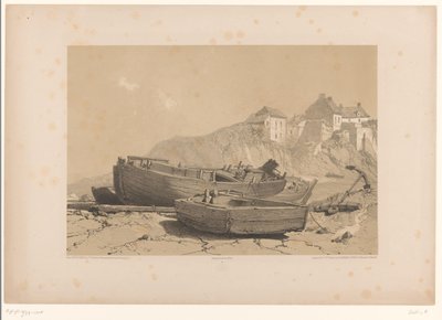 Skalnaté pobřeží s loděmi a rybářskou vesnicí od Eugène Cicéri (attributed to)