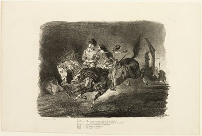 Faust a Mefistofeles cválající nocí čarodějnického sabatu, z knihy Faust od Eugène Delacroix