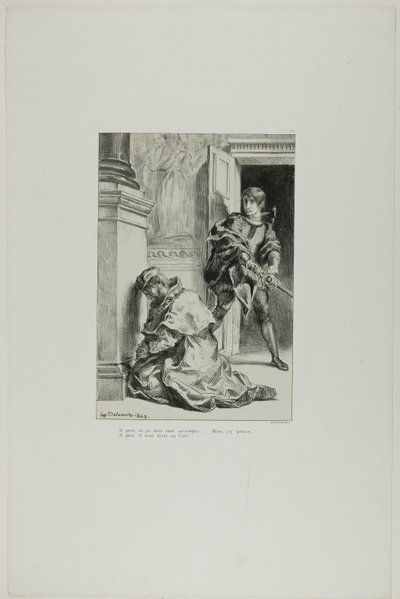 Hamlet se pokouší zabít krále, deska 8 z Hamleta od Eugène Delacroix