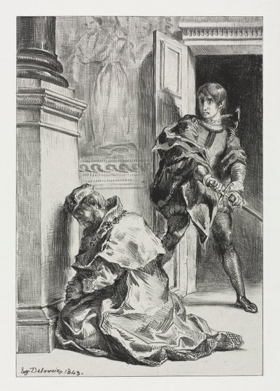 Hamlet: Hamlet se pokouší zabít krále od Eugène Delacroix