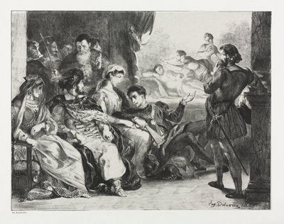 Hamlet: Hamlet přikazuje hercům, aby udělali scénu z otravy jeho otce od Eugène Delacroix