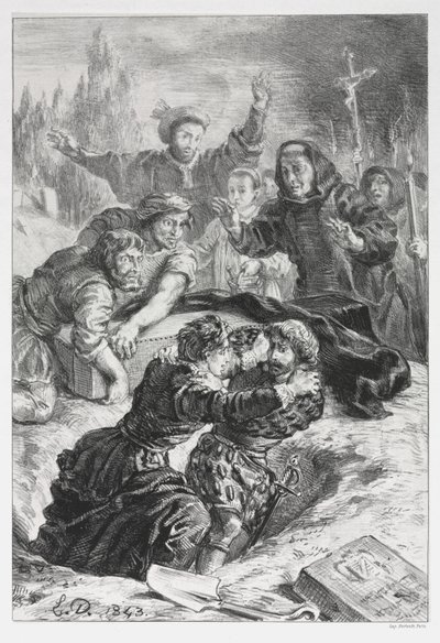 Hamlet: Hamlet a Laertes v hrobě Ofélie od Eugène Delacroix