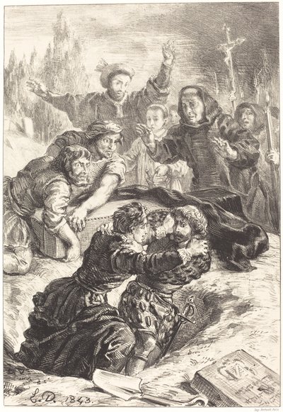 Hamlet a Laertes v hrobě Ofélie (V. dějství, scéna I) od Eugène Delacroix