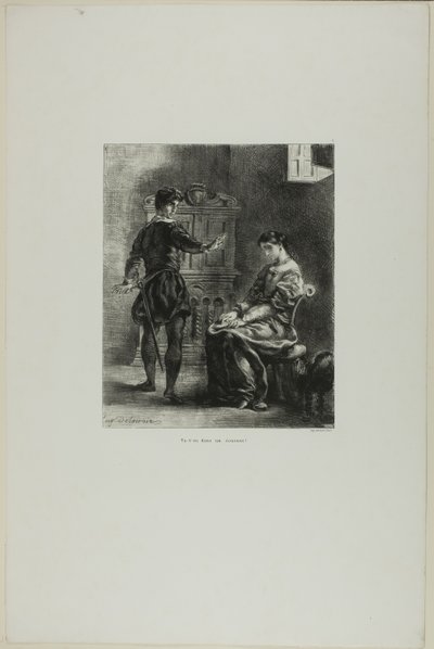 Hamlet a Ofélie, deska 5 z Hamleta od Eugène Delacroix