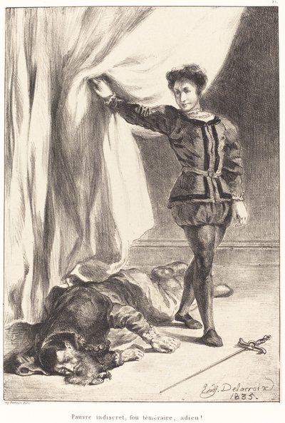 Hamlet a Poloniovo tělo (dějství III, scéna IV) od Eugène Delacroix