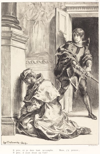 Hamlet je v pokušení zabít krále (akt III, scéna III) od Eugène Delacroix