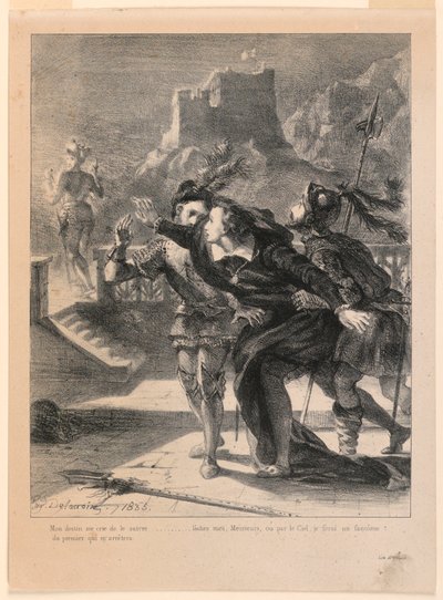 Ilustrace k Hamletovi: Hamlet se snaží následovat ducha svého otce (I,4) od Eugène Delacroix