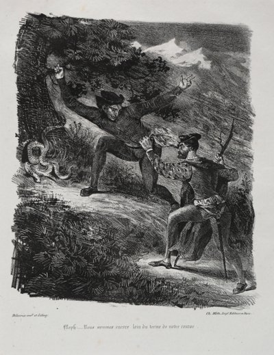 Ilustrace k Faustovi: Faust a Méphistophélés v horách Hartz od Eugène Delacroix