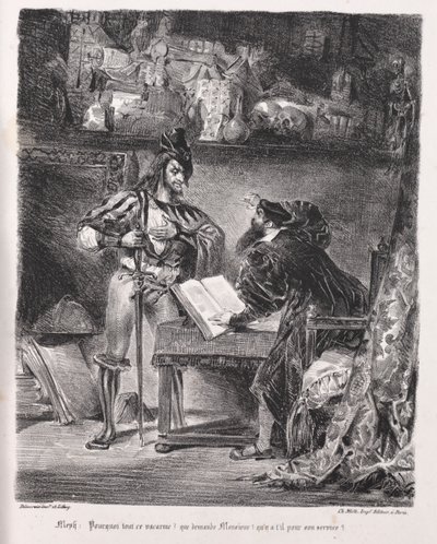 Ilustrace k Faustovi: Mefistofeles navštíví Fausta od Eugène Delacroix