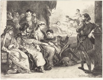 Hráči uvádějící otravu Hamletova otce Akt III, scéna II, 1835. od Eugène Delacroix