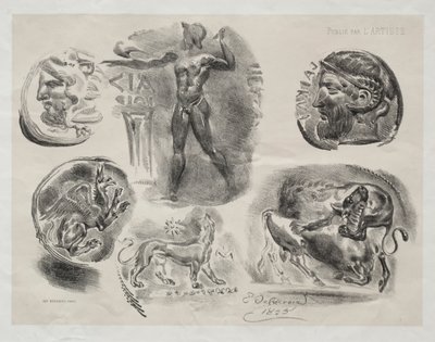 List se šesti starožitnými medailemi od Eugène Delacroix