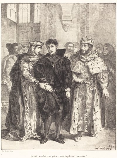 Královna se snaží utěšit Hamleta (1. dějství, scéna II) od Eugène Delacroix