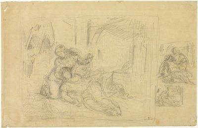 Umírající žena(?), Muž v ložnici, Dvě náčrtky téhož od Eugène Delacroix
