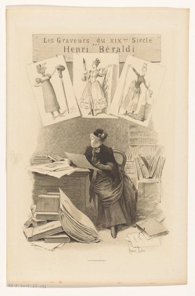 Žena se dívá na obrázky za stolem Titulní strana pro: Henri Béraldi, Les engravers du XIXe siècle, 1899 od Eugène Gaujean
