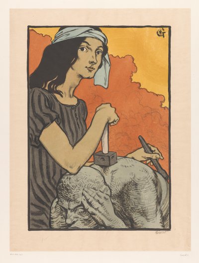 Sochařka pracuje s dlátem a kladivem na soše La Sculpture (původní název) od Eugène Grasset (signed by artist)