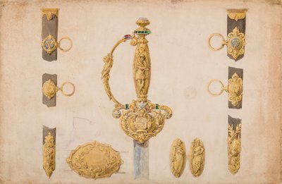 Design pro jílec meče, pochva a kování opasku, ca. 1840-50. od Eugène Julienne.
