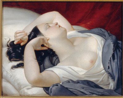 Spící italská žena. Krásná žena se zavřenýma očima a odkrytým prsem, lascivně spí na kraji postele. Obraz Eugene Plucharta (1809-1880), olej na plátně, kolem roku 1840. Francouzské umění od Eugéne Pluchart