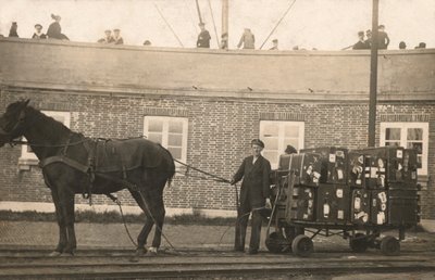 Portýr s vozíkem na zavazadla taženým koňmi v docích (černobílá fotografie) od European Photographer