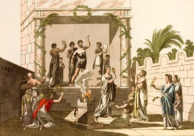Staří Římané provádějící obřady Isis, Pompeje (barevná rytina) od European School