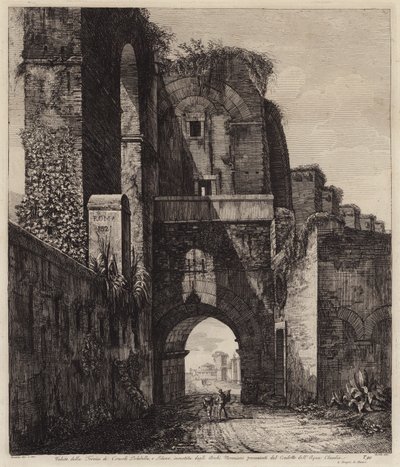 Oblouky konzulů Dolabella a Silanus uzavřené v neronských obloukech Acqua Claudia, Řím, Itálie (rytina) od European School