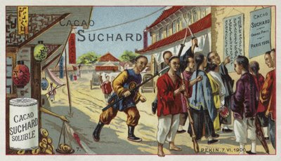 Boxeři na ulici v Pekingu, Čína, Boxer Rebellion, 7. června 1900 od European School