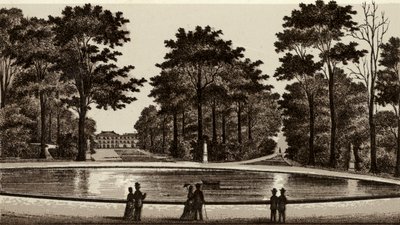 Brusel / Brusel: Pohled na park (litho) od European School