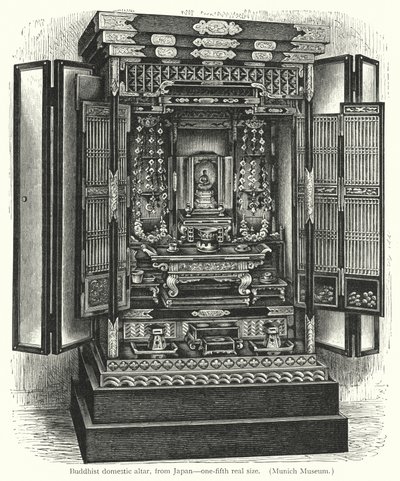 Buddhistický domácí oltář, z Japonska (rytina) od European School