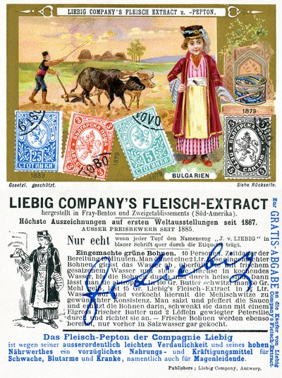 Bulharské poštovní známky, přední a zadní strana propagačního lístku Liebig, 1897 od European School