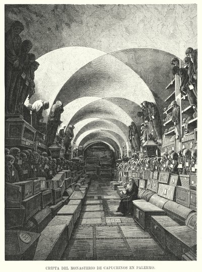 Katakomby kapucínského kláštera, Palermo, Sicílie, Itálie (litho) od European School