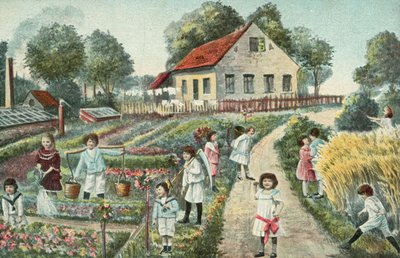 Děti na zahradě nebo na pozemku (barevná litografie) od European School