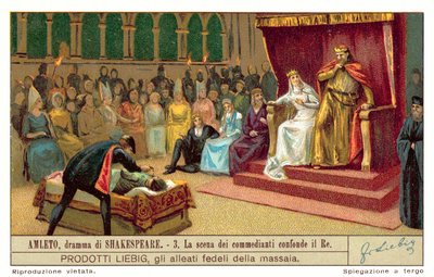 Claudius reaguje na scénu zobrazující vraždu krále hráče (chromolitho) od European School