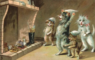 Komiksové kočky čekající na vánoční dárky (barevná litografie) od European School