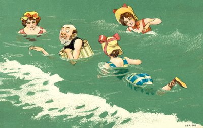 Komiksová scéna koupání v moři (barevná litografie) od European School