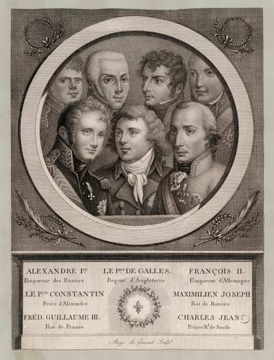 Evropská královská rodina počátku 19. století: František II., císař Svaté říše římské, ruský velkokníže Konstantin Pavlovič, Maxmilián Josef, bavorský král a kurfiřt Pa od European School