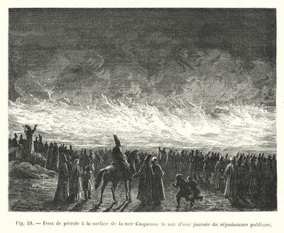 Ropné požáry na hladině Kaspického moře večer v den veřejného veselí (rytina) od European School