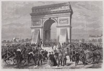 Němečtí vojáci u Arc de Triomphe, Paříž, po zajištění vítězství ve francouzsko-pruské válce, 2. března 1871 (rytina) od European School