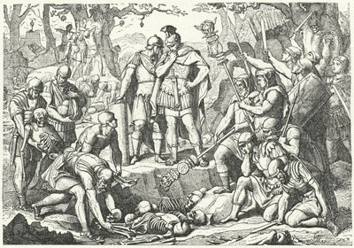 Germanicus pohřbívající kosti vojáků tří římských legií, kterým velel Publius Quinctilius Varus, zničené Germány v bitvě u Teutoburského lesa v roce 9 př. n. l. (rytina) od European School