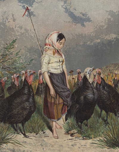 Dívka se stará o hejno krůt (barva litho) od European School