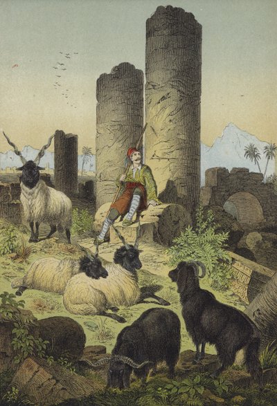 Řecký pastýř s valašskými ovcemi a syrskými kozami (barevná litografie) od European School