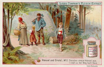 Jeníček a Mařenka: Jeníček zanechávající oblázkovou stopu, aby našel cestu domů (chromolitho) od European School