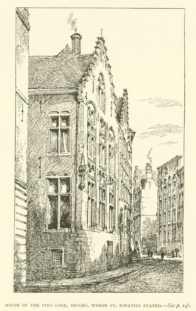 Dům šišky, Bruggy, kde pobýval svatý Ignác (rytina) od European School