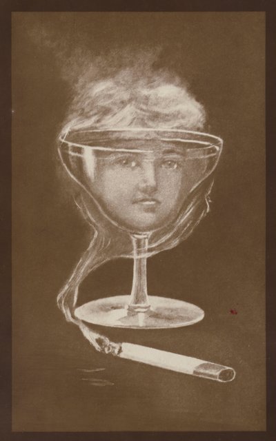 Obrázek ženské tváře, vytvořený sklenicí vína a cigaretovým kouřem, cca 1917 (litografie) od European School