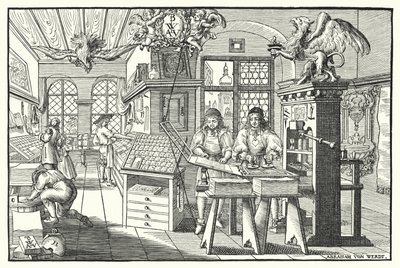 Interiér dílny knihtiskaře, c1676 (rytina) od European School
