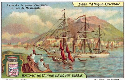 Italská válečná loď Volturno v přístavu Massawa, Eritrea (chromolitho) od European School